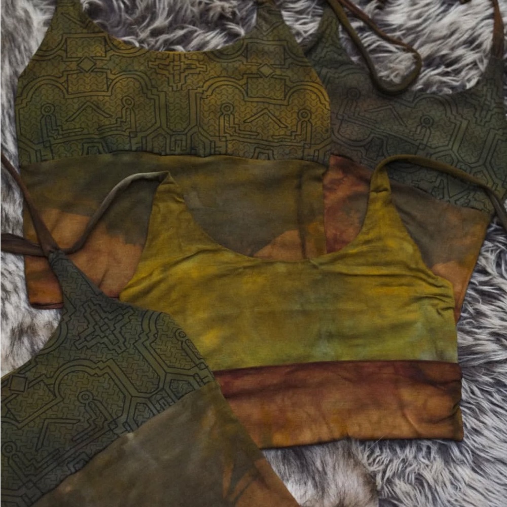 Olive and brown handmade screen printed shipibo top
